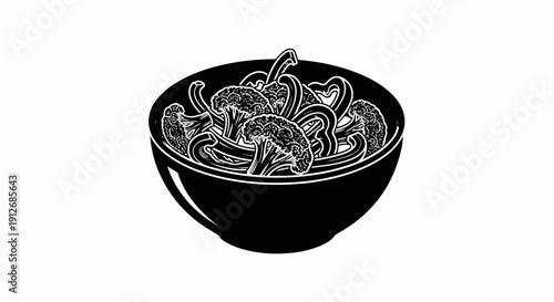 A black bowl filled with a stylized illustration of broccoli florets and bell pepper slices