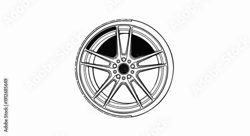 A black and white outline drawing of a car wheel with five spokes