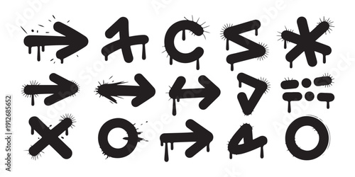 Spray paint graffiti vector set of black urban street art symbols and arrows with dripping ink liquid effect