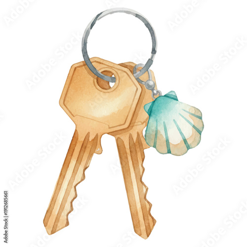 Summer House Keys Watercolor Illustration with Beach Charms Isolated on White Background
