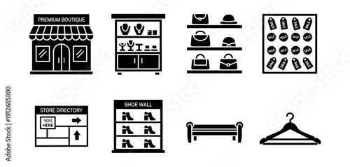 Retail boutique black icons set