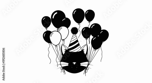 A black cat in a party hat surrounded by balloons