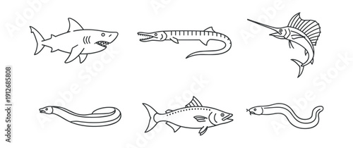 Sea fish line icons set