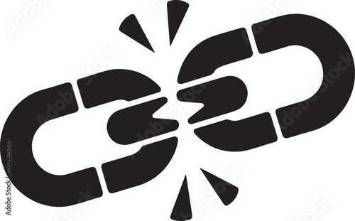 Black silhouette of a broken chain link representing disconnection or freedom on white background isolated on white background, illustration