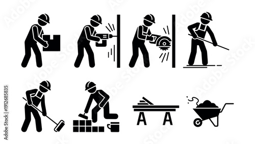 Construction and manual labor silhouette icons set