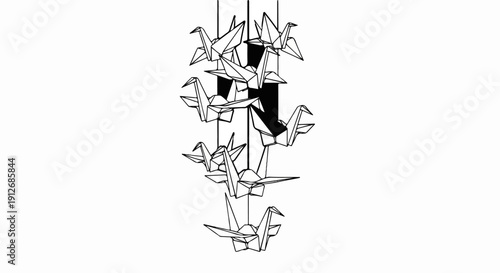 A cascade of paper cranes, an artistic mobile, suspended by thin threads