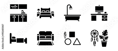 Household black and white icons set