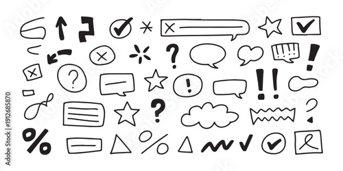 Minimalist hand drawn scribbles and symbols for interface design featuring stars and boxes and speech bubbles