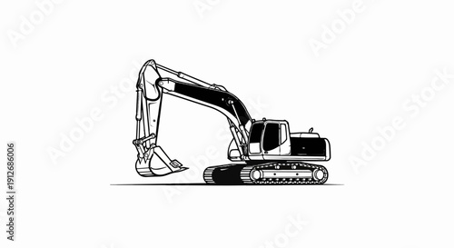 A black and white illustration of a large excavator with a long boom and bucket