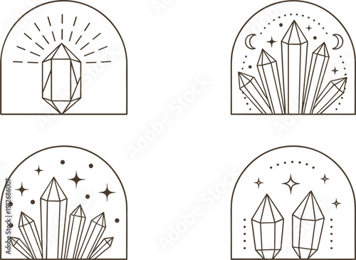 Mystical crystal arch icon set with celestial stars and moon minimalist line art vector illustration design