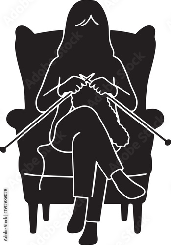 Person sitting in an armchair with knitting needles and yarn silhouette isolated on white background minimalist handcraft and knitting hobby illustration