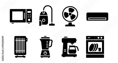 Household appliances black and white icons set
