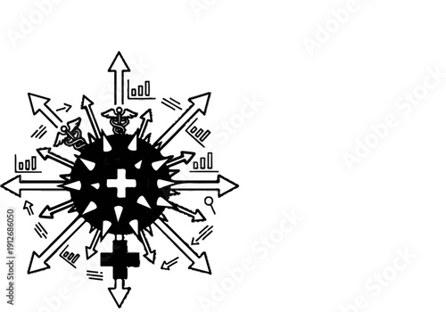 A central dark spiky sphere with radiating arrows and medical symbols
