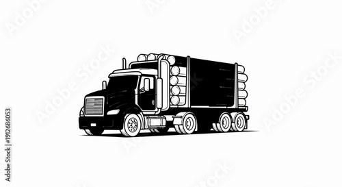 A black and white illustration of a large truck carrying logs