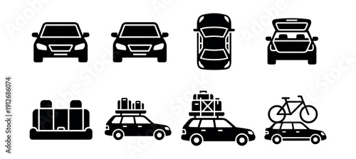 Car silhouette and interior outline icons set