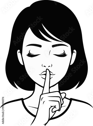 A close-up black and white illustration of a woman with closed eyes making a hush gesture