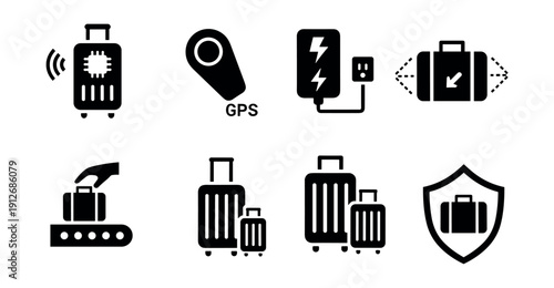 Travel luggage technology icons set