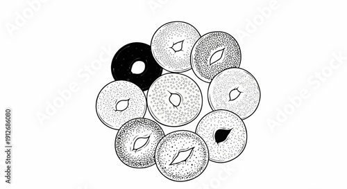 A black and white illustration of various bagels arranged in a circular pattern