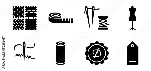 Sewing and tailoring black icons set