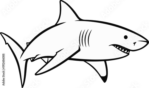 A black and white outline drawing of a shark with sharp teeth and gills