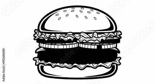 A black and white illustration of a layered burger with sesame seeds on bun