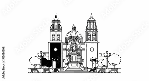 A detailed line drawing of a large cathedral with twin towers, a dome, and a statue