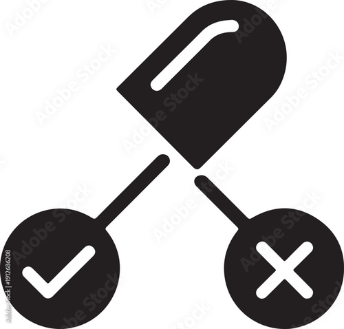 A black and white icon representing medical treatment options with a pill and check or cross marks isolated on white background, illustration