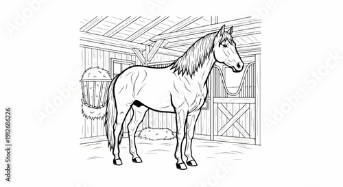 A detailed line drawing of a horse in a wooden stable with hay