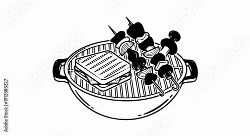 A charcoal grill with a sandwich and veggie skewers on the grate