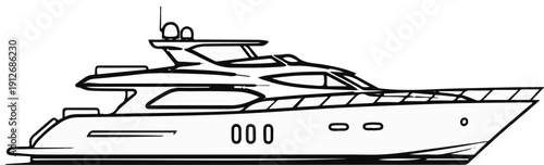 A detailed line drawing of a large, multi-level luxury motor yacht