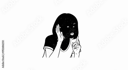 A close-up sketch of a person cupping their ear and pointing a finger