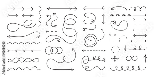 Set of hand drawn doodle arrows isolated on white background for design, vector collection of pointers