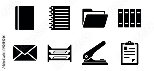 Office supplies black and white icons set