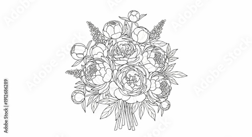 A detailed line drawing of a lush bouquet of peonies and buds with leaves
