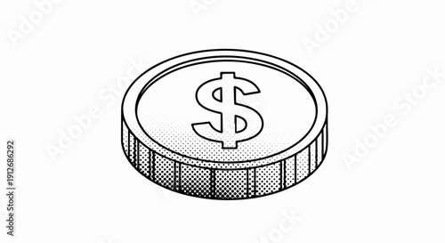 A black and white isometric illustration of a coin with a dollar sign