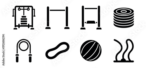 Gym and fitness equipment line icons set