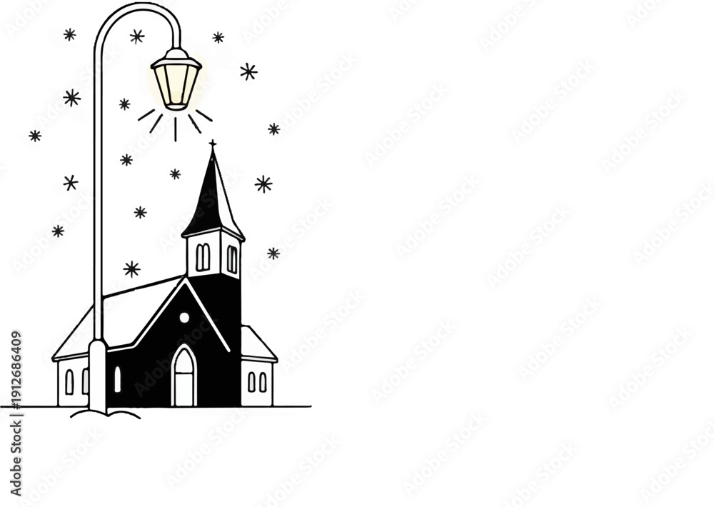 Fototapeta premium A charming black and white illustration of a church at night during a snowfall