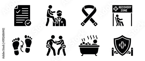 Healthcare and wellness black and white icons set