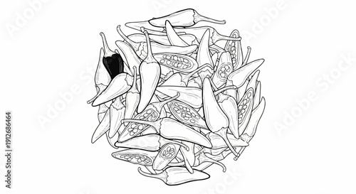 A detailed line drawing of a pile of chili peppers, one highlighted in black