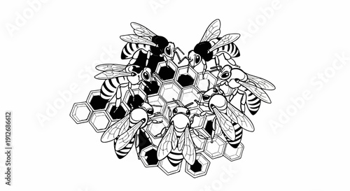 A cluster of black and white bees on a honeycomb structure