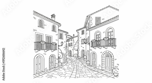 A charming European street with stone buildings, balconies, and cobblestones