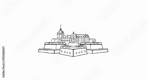 A black and white line drawing depicts a detailed fortress with multiple levels and watchtowers