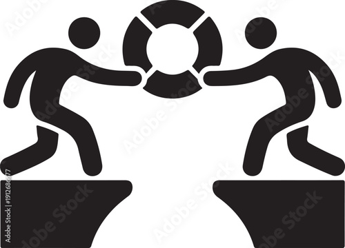 Two human figures holding a lifebuoy over a gap to symbolize teamwork and mutual support isolated on white background, illustration