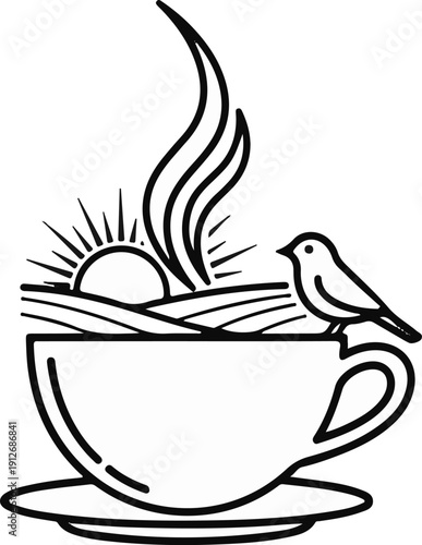 A cup of coffee with a sunrise, steam, and a bird perched on the rim