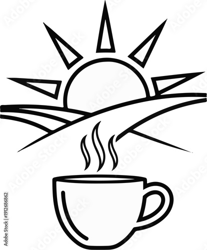 A cup of hot coffee with a sunrise over rolling hills, symbolizing morning