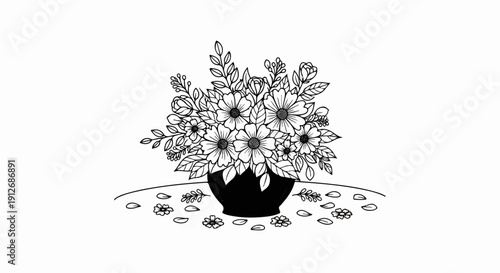 A black vase overflowing with delicate sketched flowers and leaves on a surface with scattered petals