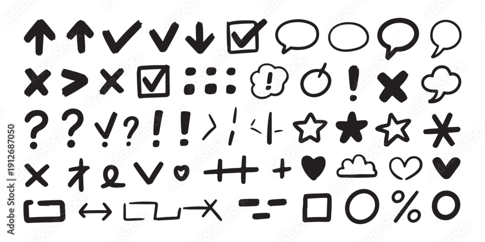Naklejka premium Handwritten symbols and UI icons set featuring checkmarks crosses speech bubbles question marks and arrows too