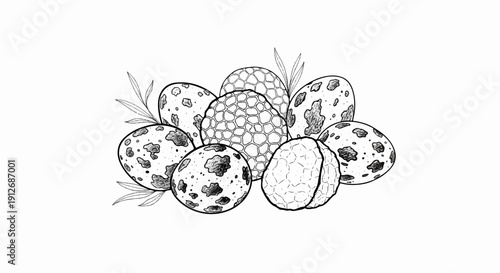A cluster of speckled and patterned eggs with delicate green sprigs