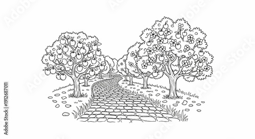 A charming stone path winds through an orchard with abundant apple trees