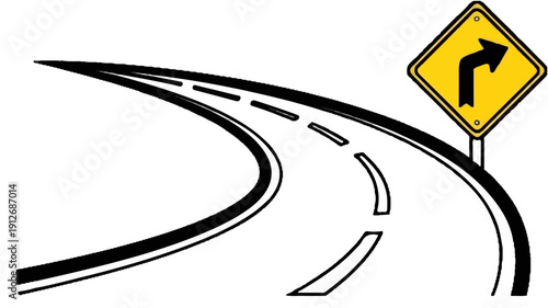 A curved road with a turn warning sign ahead